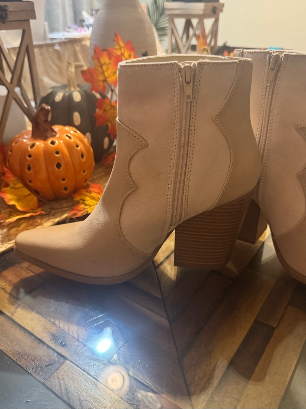 Women's Beige Western-Style Ankle Boots